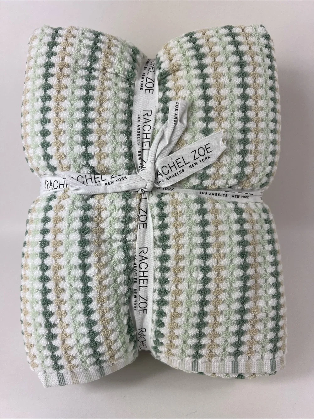 Rachel Zoe Bath Towel Set Green Tan White Waffle Soft 100% Cotton 6 Pc NEW